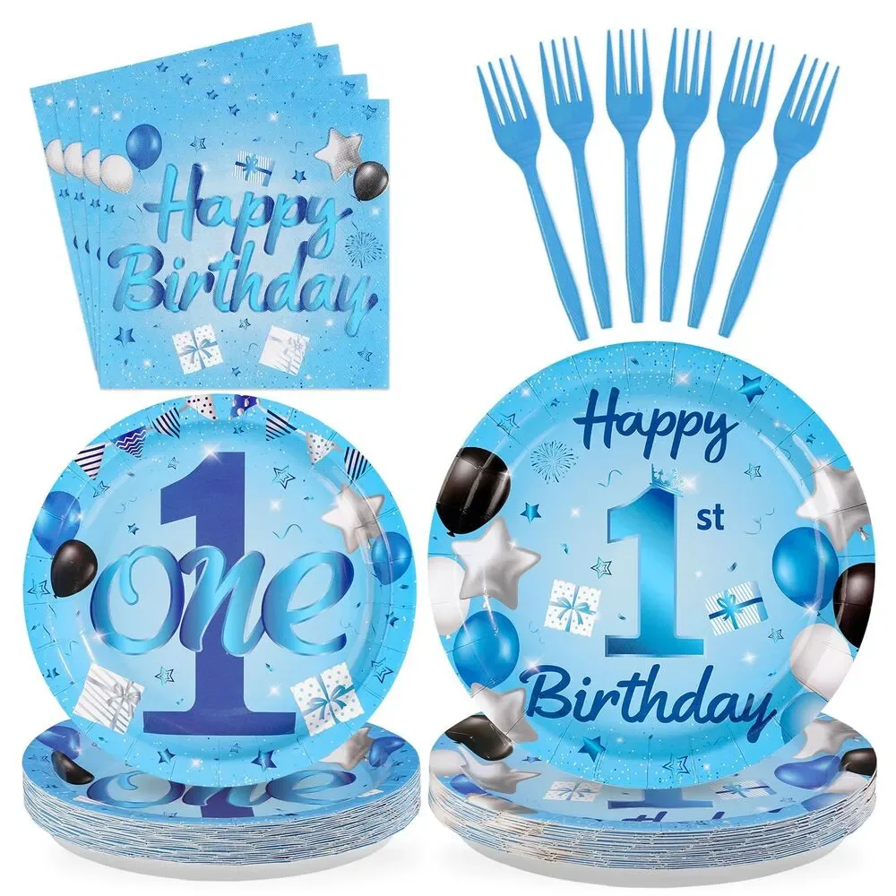 96Pcs Blue 1st Birthday Party Decorations + Plates and Napkins, Serves 24